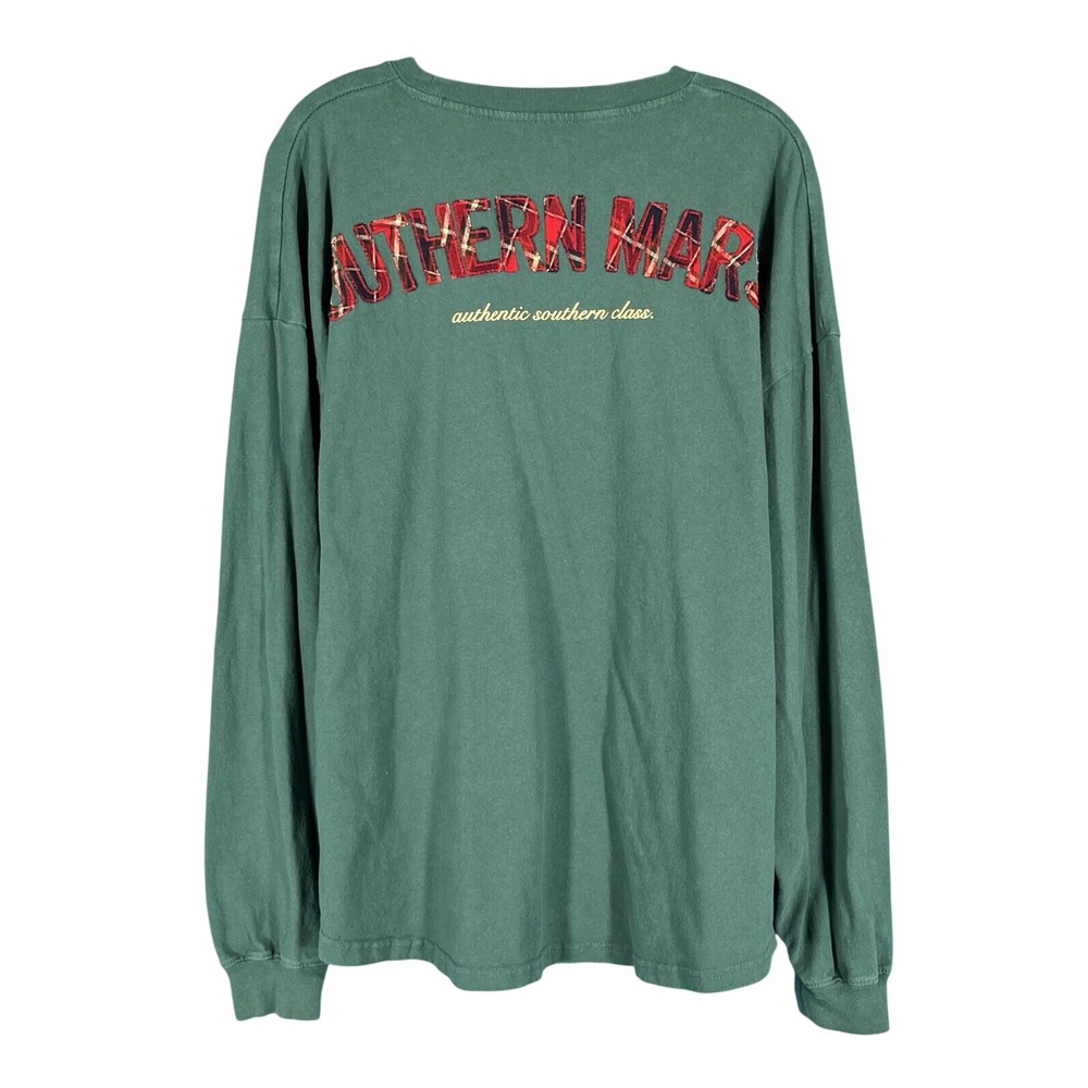 SOUTHERN MARSH Green T-SHIRT Navy/Red Plaid Logo & Pocket LONG SLEEVE Unisex L